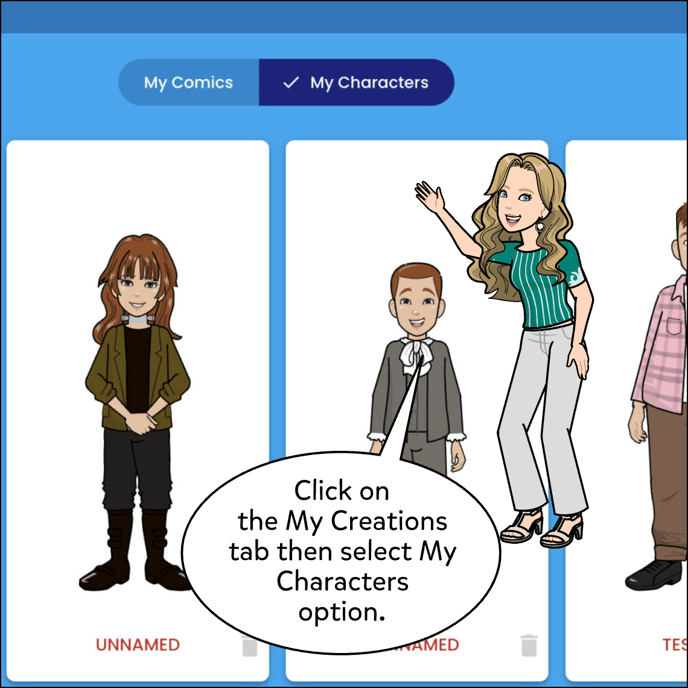 Click on the My Creations tab then select My Characters at the top.