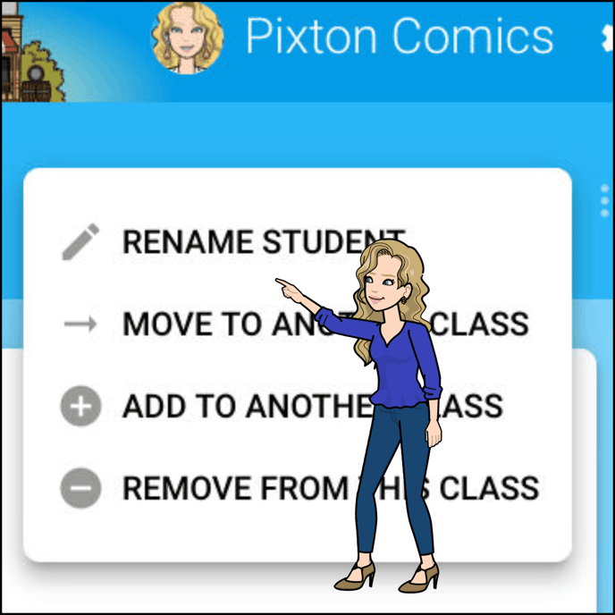 Image shows a the three dot menu options, with a character pointing to the Rename Student option.