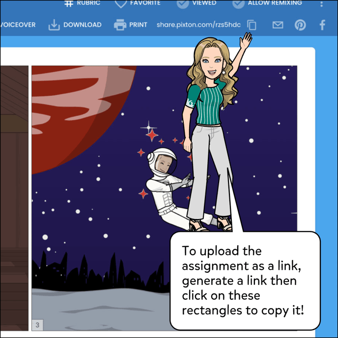 To upload the assignment as a link, generate a link then click on the rectangles next to the link to copy it.