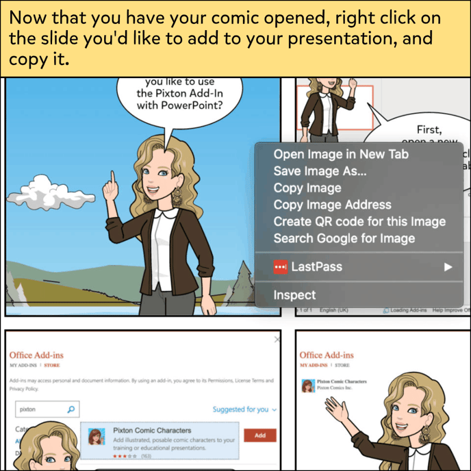 Now that you have your comic opened, right click on the slide you'd like to add to your presentation, and copy it.
