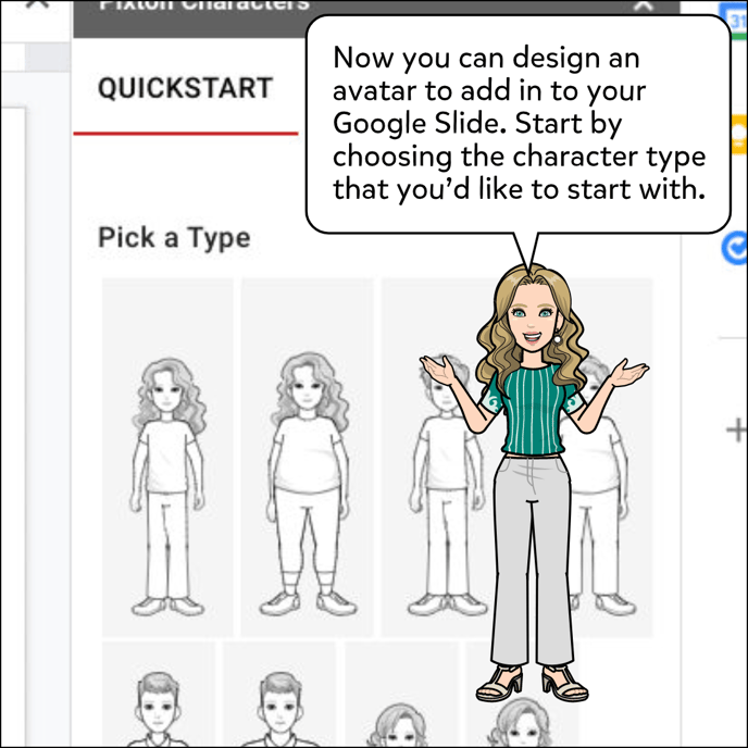 Now you can design an avatar to add in to your Google Slide. Start by choosing the character type that you'd like to start with.