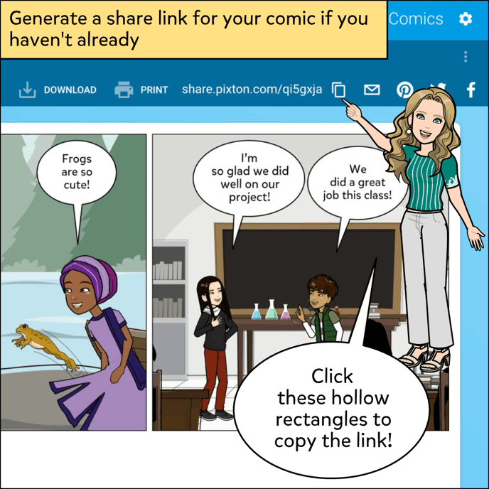 To do so, generate a share link for your comic if you haven't already by clicking the two rectangles when viewing your comic in share mode.