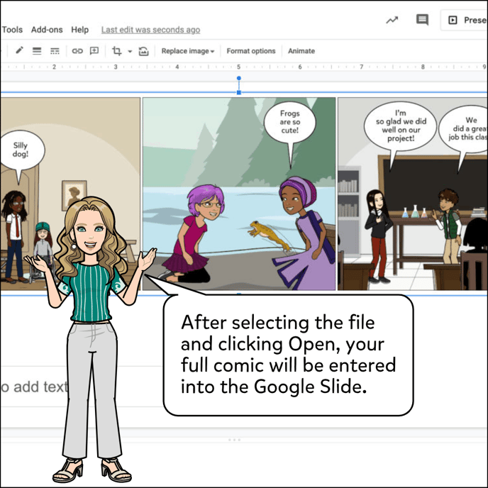 After selecting the file and clicking Open, your full comic will be entered into the Google Slide.