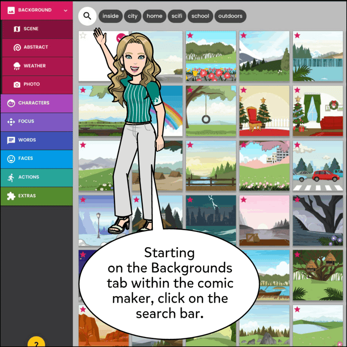 Starting on the Backgrounds tab within the comic maker, click on the search bar icon.