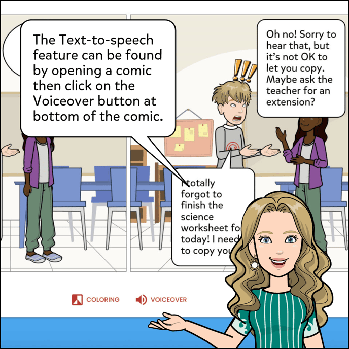The text-to-speech feature can be found by opening a comic then click on the Voiceover button at the bottom of the comic.