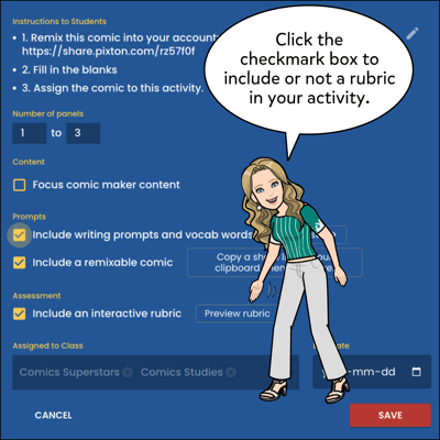 Click the checkmark box to include a rubric in your activity.