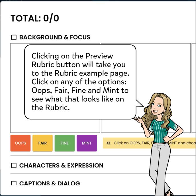 Clicking on the Preview Rubric button will take you to the Rubric example page. Click on any of the options: Oops, Fair, Fine and Mint to see what that looks like on the Rubric.