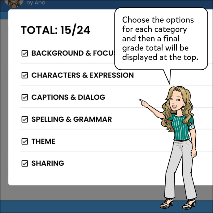 Choose the options for each category and then a final grade total will be displayed at the top.