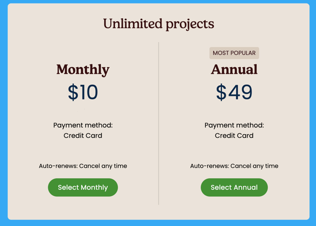 Image shows pricing for Solo Student subscriptions $10 for a monthly plan and $49 for an annual plan. Subscriptions are auto-renewal and can be cancelled at any time.