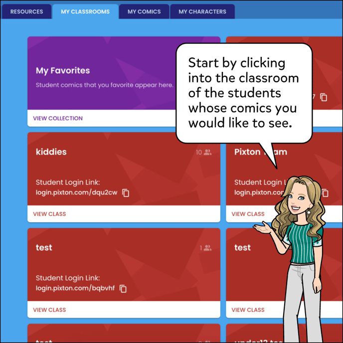 Start by clicking into the classroom of the student whose comics you would like to see.