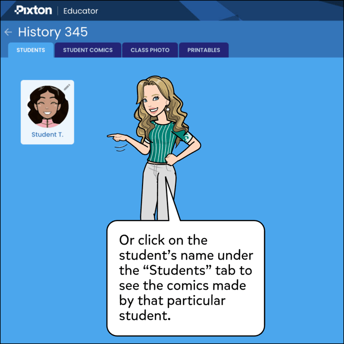 Or click on the student's name in blue if you'd like to look at a comic created by a particular student.