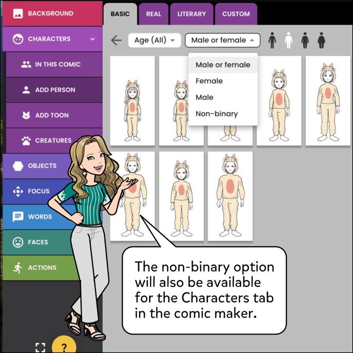 The non-binary option will also be available for the Characters tab in the comic maker.