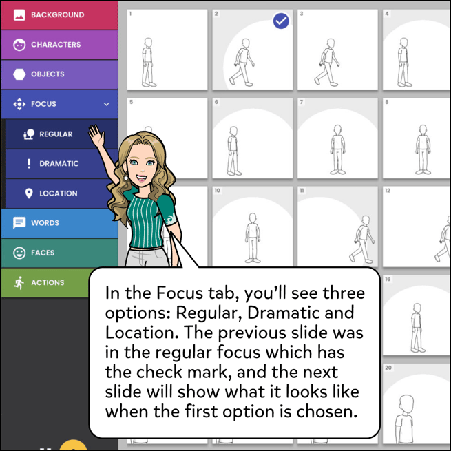 In the Focus tab there are three other tabs, Regular, Dramatic and Location. The Regular focus is the first option we will choose.
