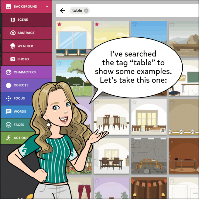 Image shows background search for the tag "table. Choose a background that includes a table.