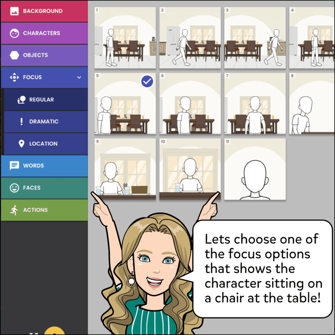 Image shows Focus tab, Regular options and options for character sitting on table, select this option.