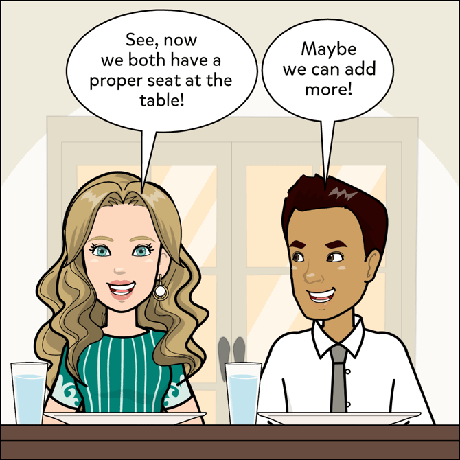 Image shows two characters sitting at the dinner table, one character asks if they can add more characters.