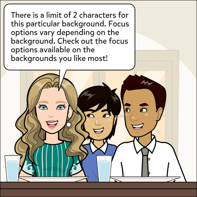 There is a limit of 2 characters for this particular background. Focus options vary depending on the background. Check out the focus options available on the backgrounds you like most!
