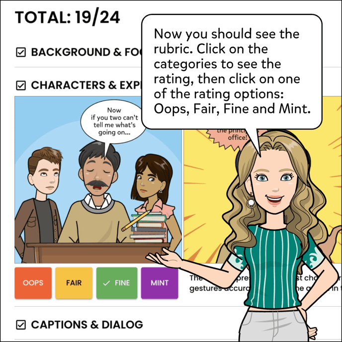 The rubric will now be open. Click on the categories to see the rating, then click on one of the rating options: Oops, Fair, Fine and Mint. The rubric has a total of 24 points divided into 6 categories.