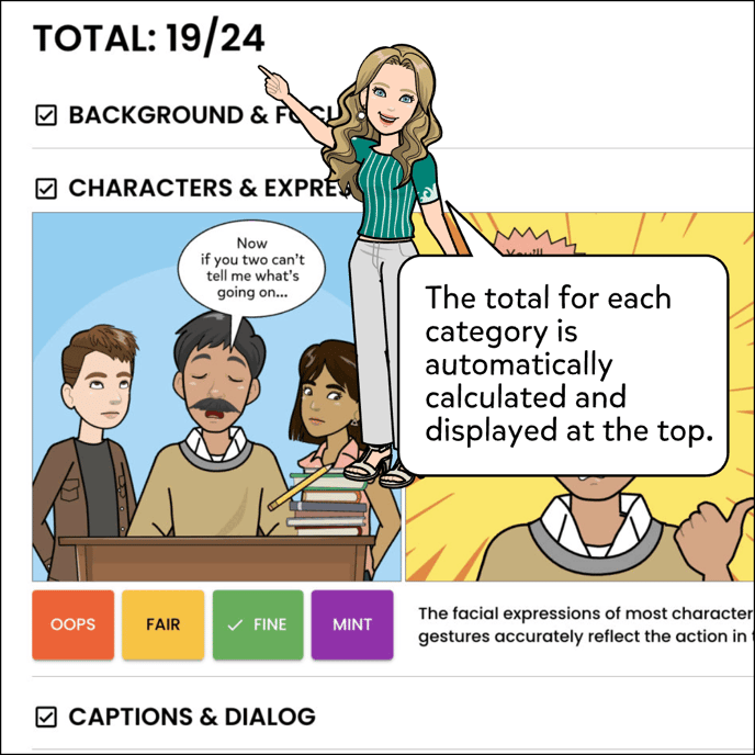 The total for each category is automatically calculated and displayed at the top.