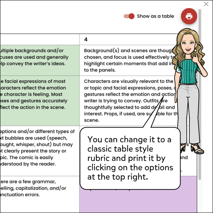 You can change it to a classic table style rubric and print it by clicking on the options at the top right.