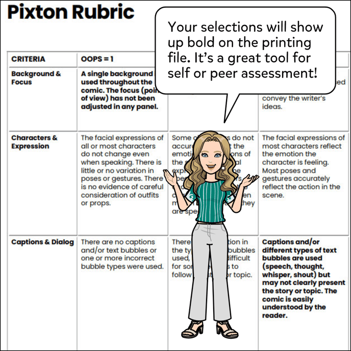 Your selections will come up bold on the printing file. It's a great tool for self or peer asessment. Picture shows Pixton Rubric and Criteria and the selections for each criteria in bold letters.