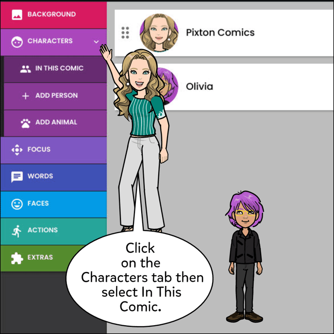 Click on the Characters tab then select In This Comic option.