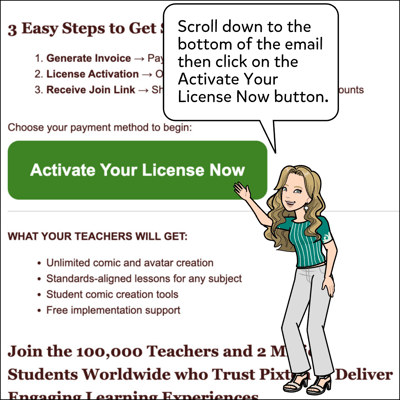 When you receive the email, scroll down to the bottom till you see the Activate Your License Now button.