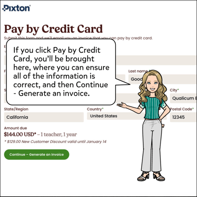 If you click Pay By Credit Card, a new form will open up, pre-populated with the information you'd provided previously. Please ensure all of the information is correct, and if you need, you can change the email address in the top line to have the invoice sent to a different person. Then, click Continue to generate an invoice.
