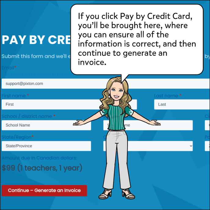 If you click Pay By Credit Card, a new form will open with all of the information you entered when you requested the quote. Double check to ensure it's all correct, then click Continue to generate an invoice.
