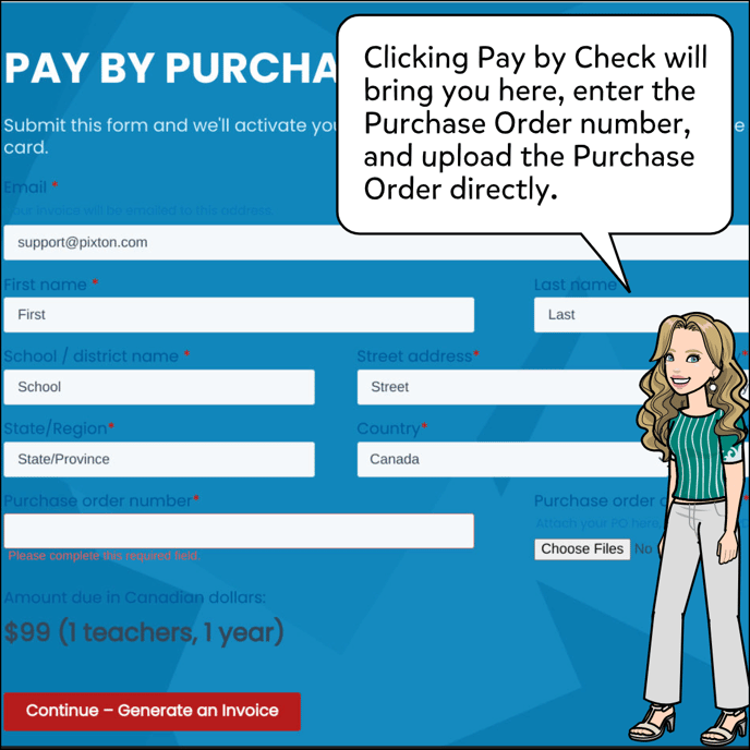 Clicking Pay By Check will open a form with the information entered when you generated the quote. You'll need to double check the information, upload a purchase order and enter the purchase order number.