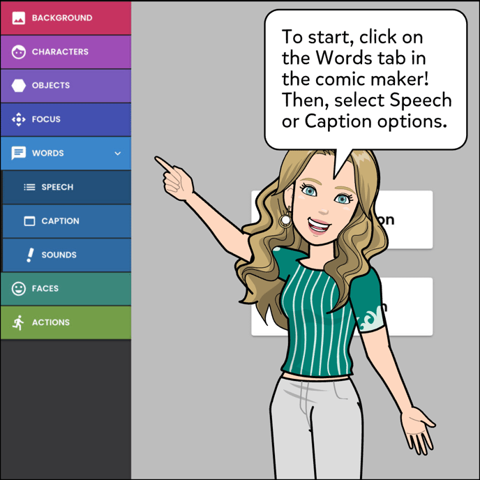 To start, click on the Words tab in the comic maker.