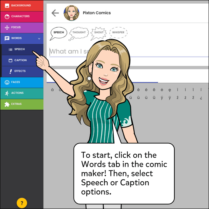 To start, click on the Words tab in the comic maker.