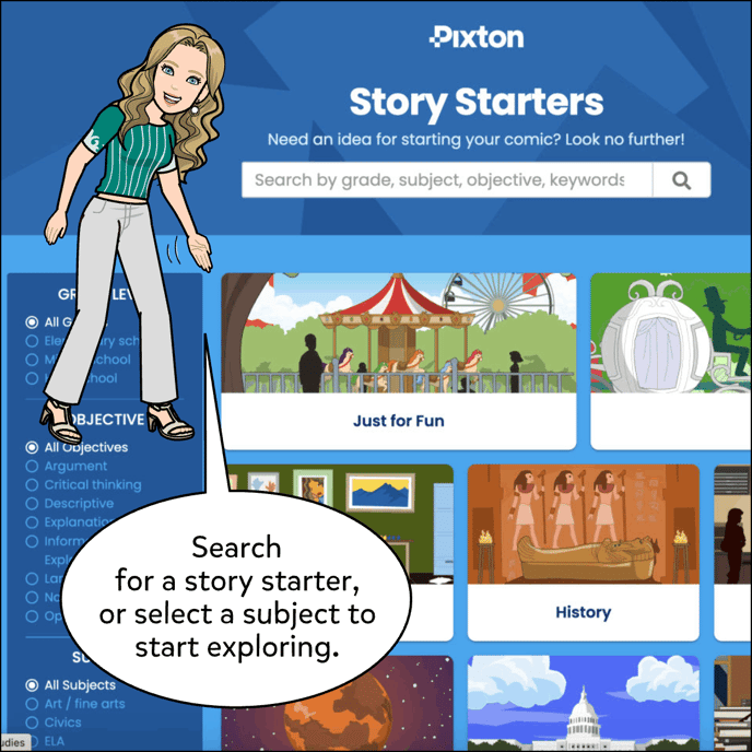 Search for a story starter, or select a subject to start exploring.