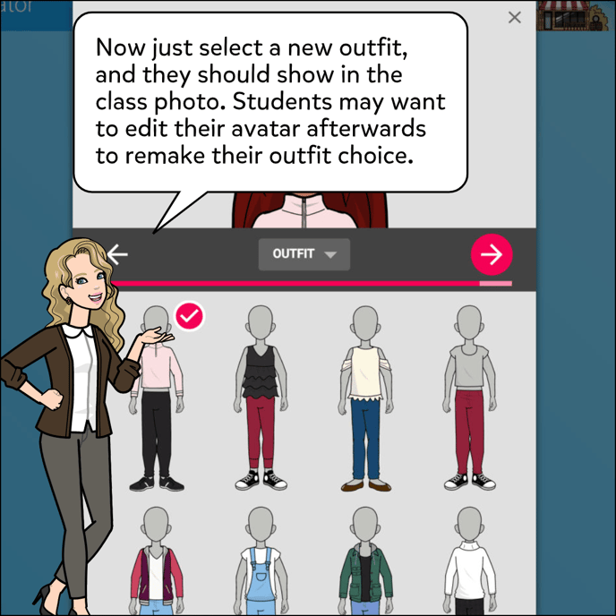 Now just select a new outfit, and then click through the rest of the steps and click done. The student should show in the class photo now.