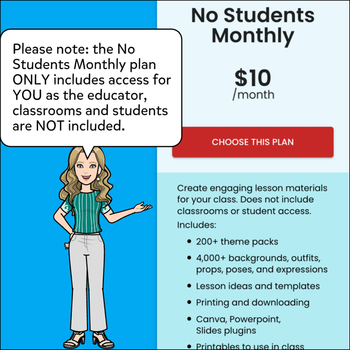 The No Students monthly plan only includes access for you as the Educator, classrooms and students are not included.