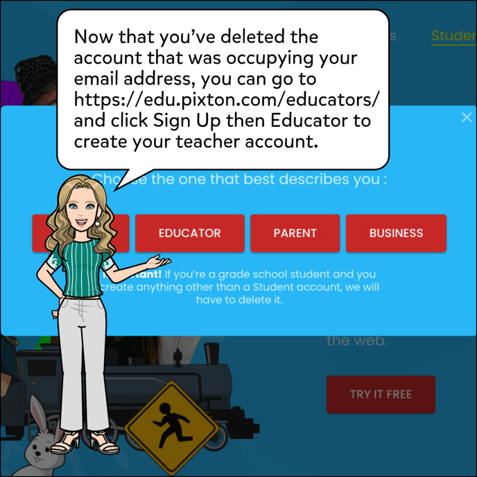 Now that you've deleted the account that was occupying your email address, you can create a new account as an educator on the main page of the website.
