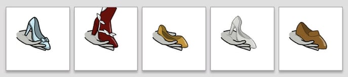 Image showing some examples of unusual assets, a crystal shoe, a fairy boot, other shoes examples