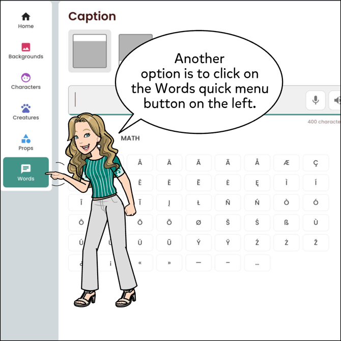 Or click on the Words quick menu button on the left.