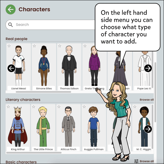 On the left hand side menu you can choose what type of character you want to add.