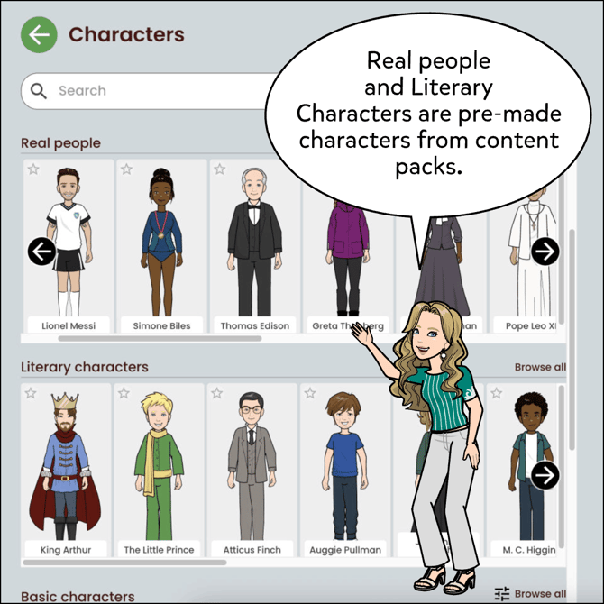 Real people and Literary Characters are pre-made characters from content packs.