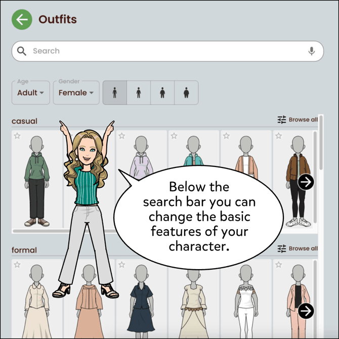 Below the search bar you can change the basic features of your character.