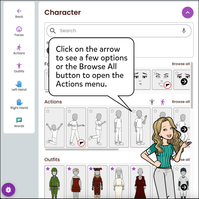 Click on the arrow to see a few options or the Browse All button to open the Actions menu.