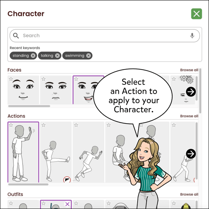 Select an action to apply it to the character.