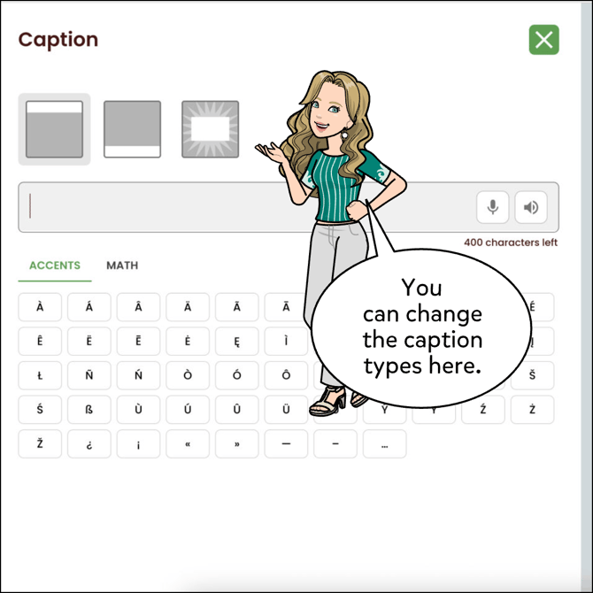 You can change the caption types at the top by clicking on the different options.