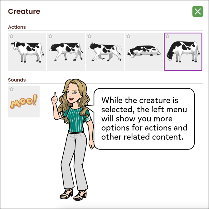While the creature is selected the left menu will show more options for actions and other related content.