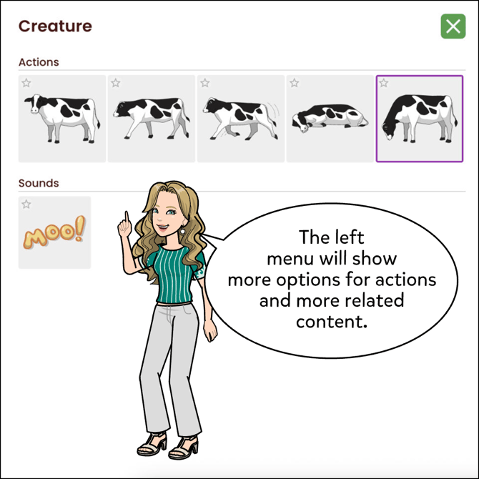 While the creature is selected the left menu will show more options for actions other related content.
