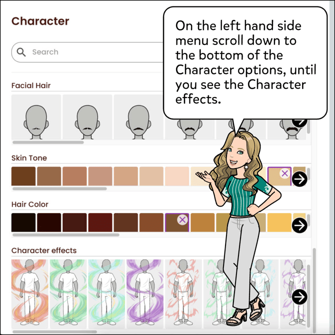 On the left hand side menu, scroll down to the bottom of the options until you see the Character effects.