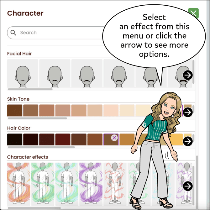 Select an effect from this menu ot click the arrow to see more options.
