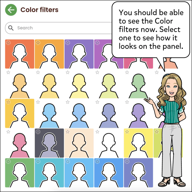 The color filters should come up on the left hand side. Select one to see how it looks on the panel.