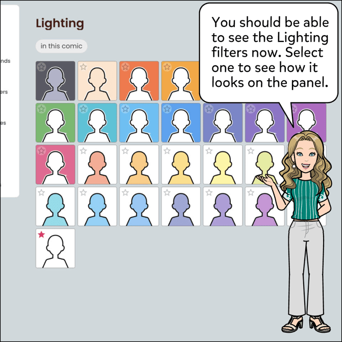 The lighting filters should come up on the left hand side. Select one to see how it looks on the panel.
